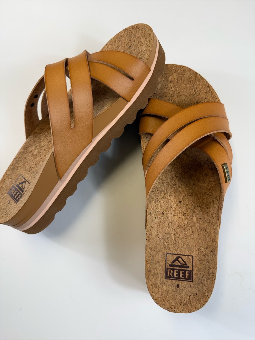 Reef Women’s Cognac Brown Leather Cork Slide Sandals